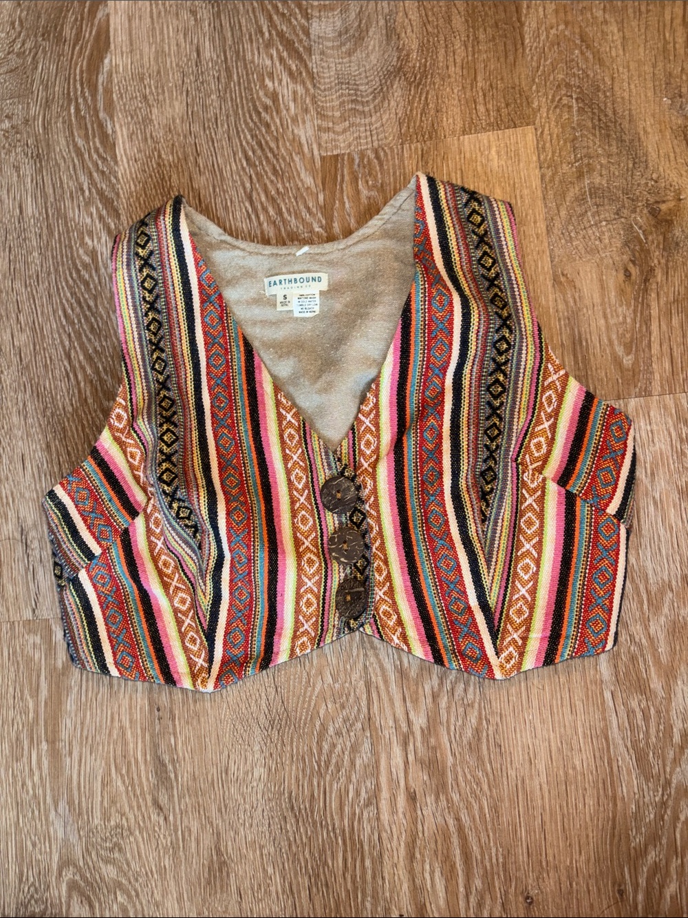EARTHBOUND Striped Southwestern Button-Front Vest in Red, Orange, Pink & Black